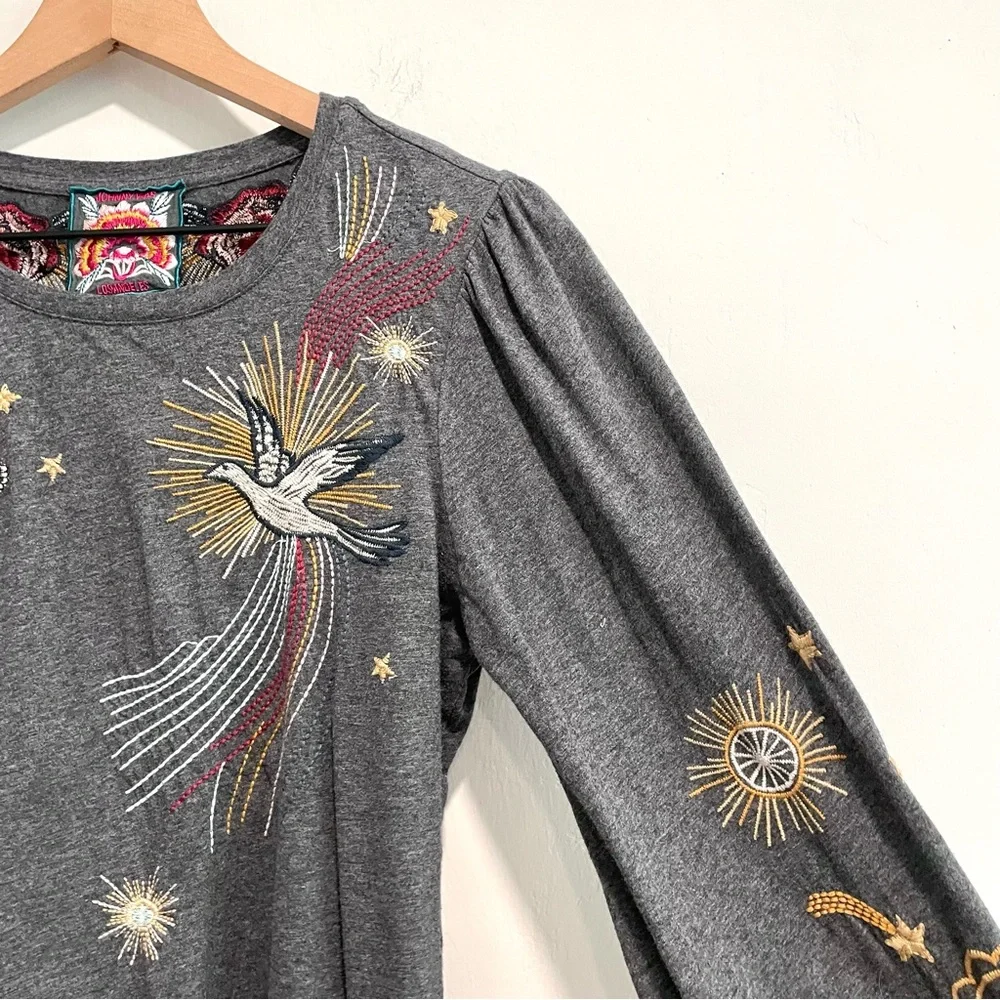 Johnny Was Selah Cuffed Puff Long Sleeve Embroidered Floral Celestial Bird Top